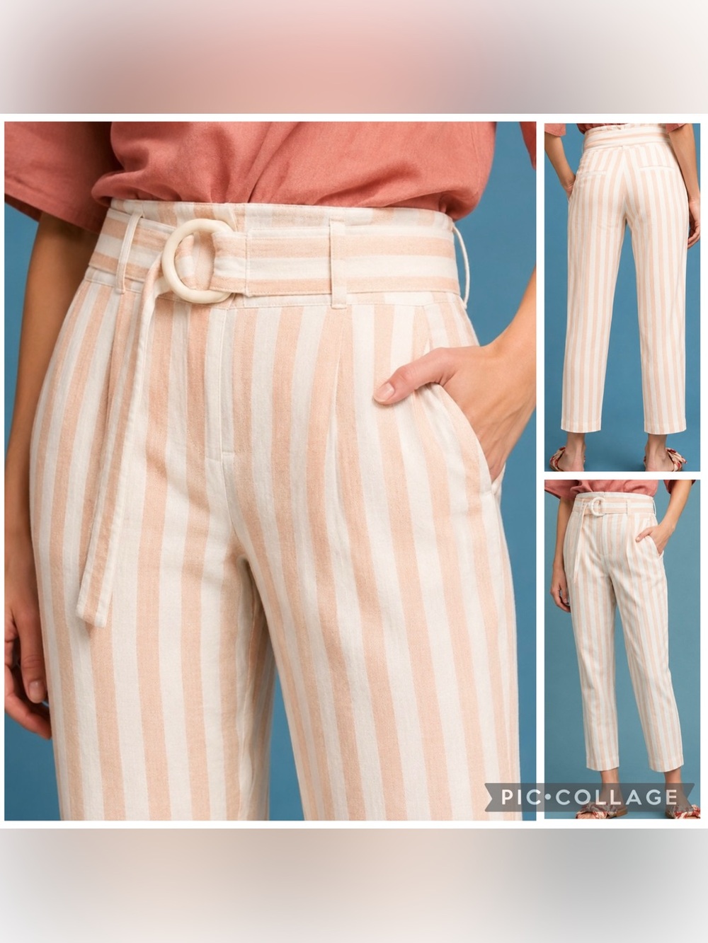 BY ANTHROPOLOGIE Women’s Ivory Peach Stipe OASIS Linen Cotton Blend Pants Size 6